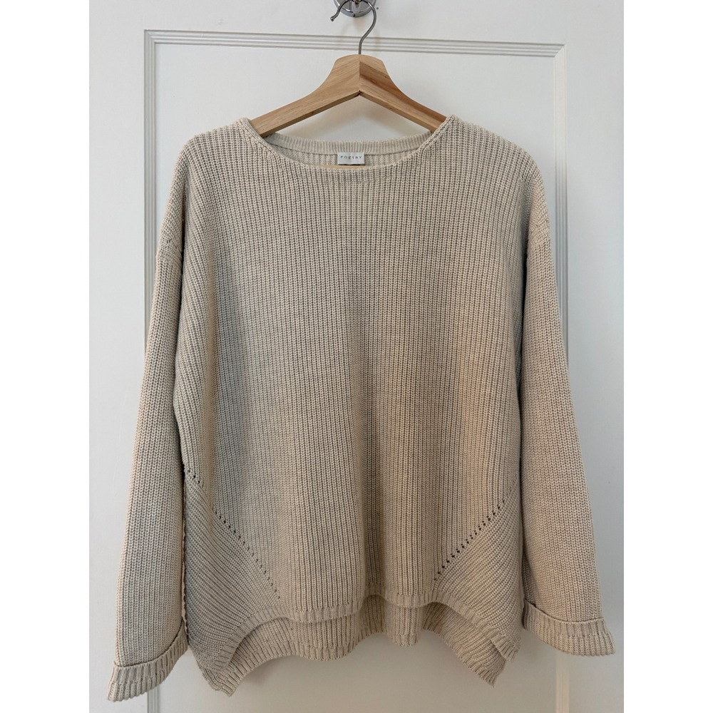 Poetry Beige 100% Cotton Ribbed Knit Sweater US 8 High Low Hem Pullover Coastal